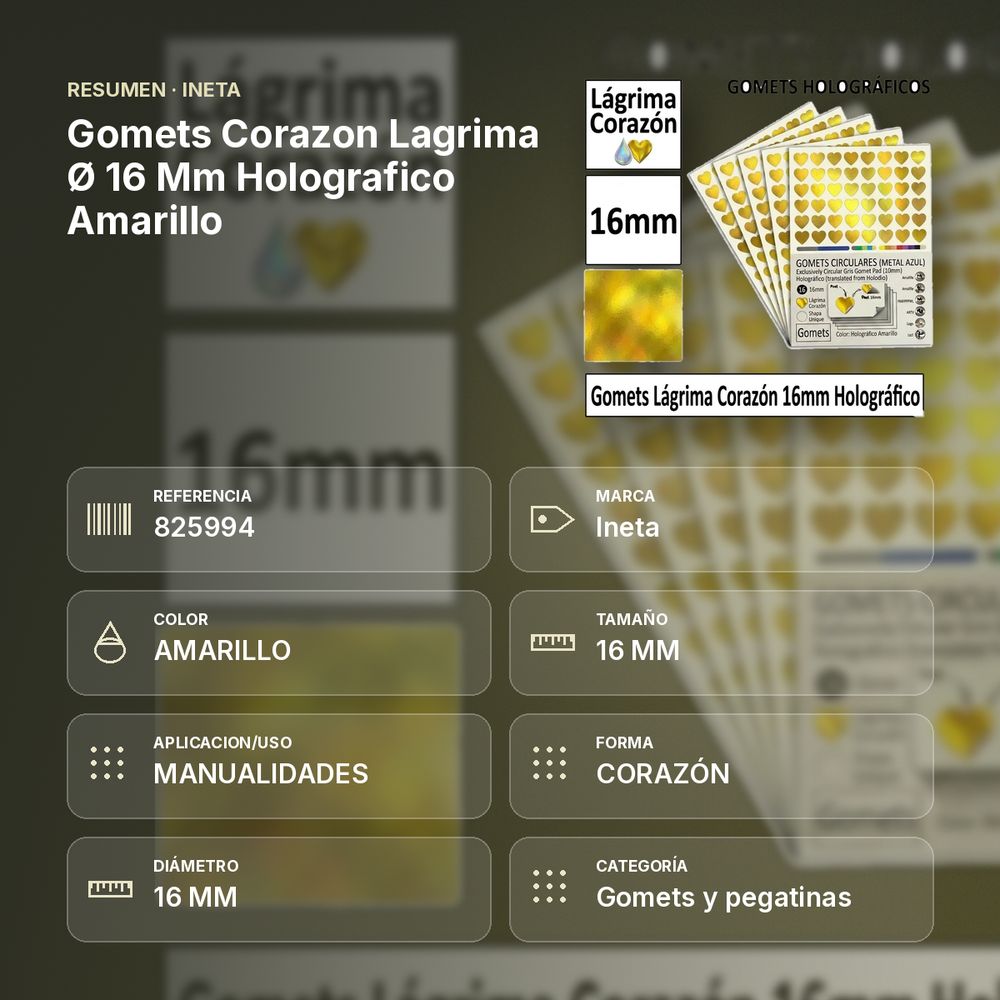 GOMETS CORAZON LAGRIMA Ø 16 MM HOLOGRAFICO AMARILLO - resumen de atributos