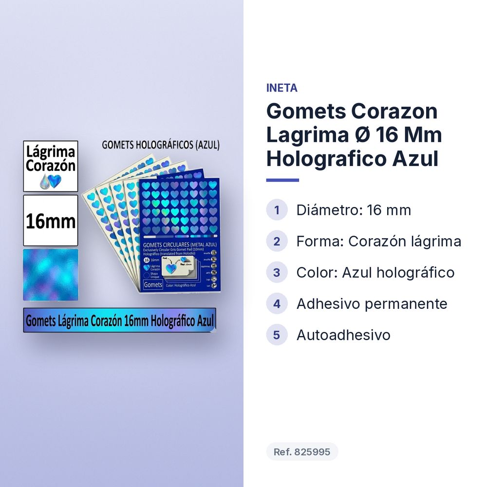 GOMETS CORAZON LAGRIMA Ø 16 MM HOLOGRAFICO AZUL - características principales