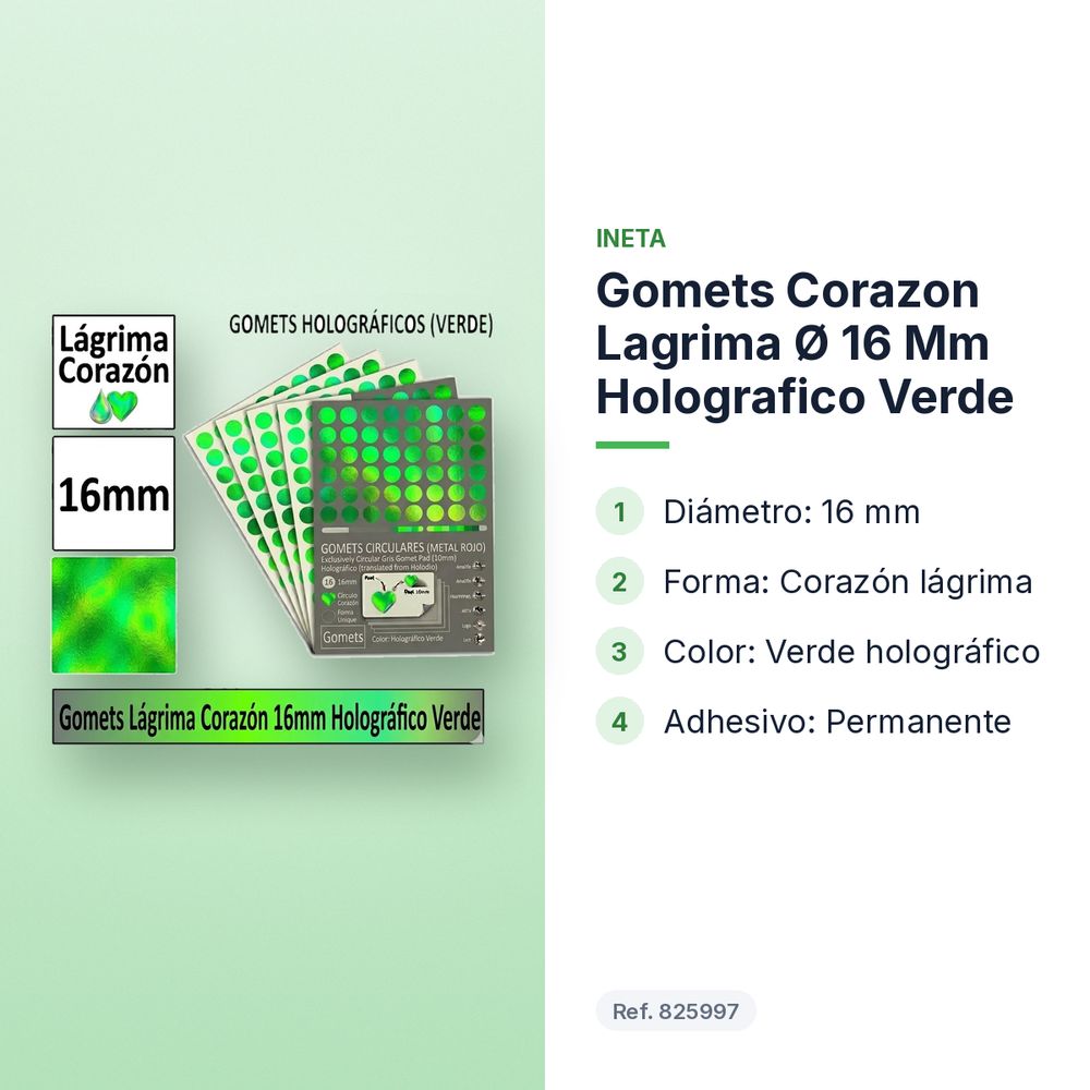GOMETS CORAZON LAGRIMA Ø 16 MM HOLOGRAFICO VERDE - características principales