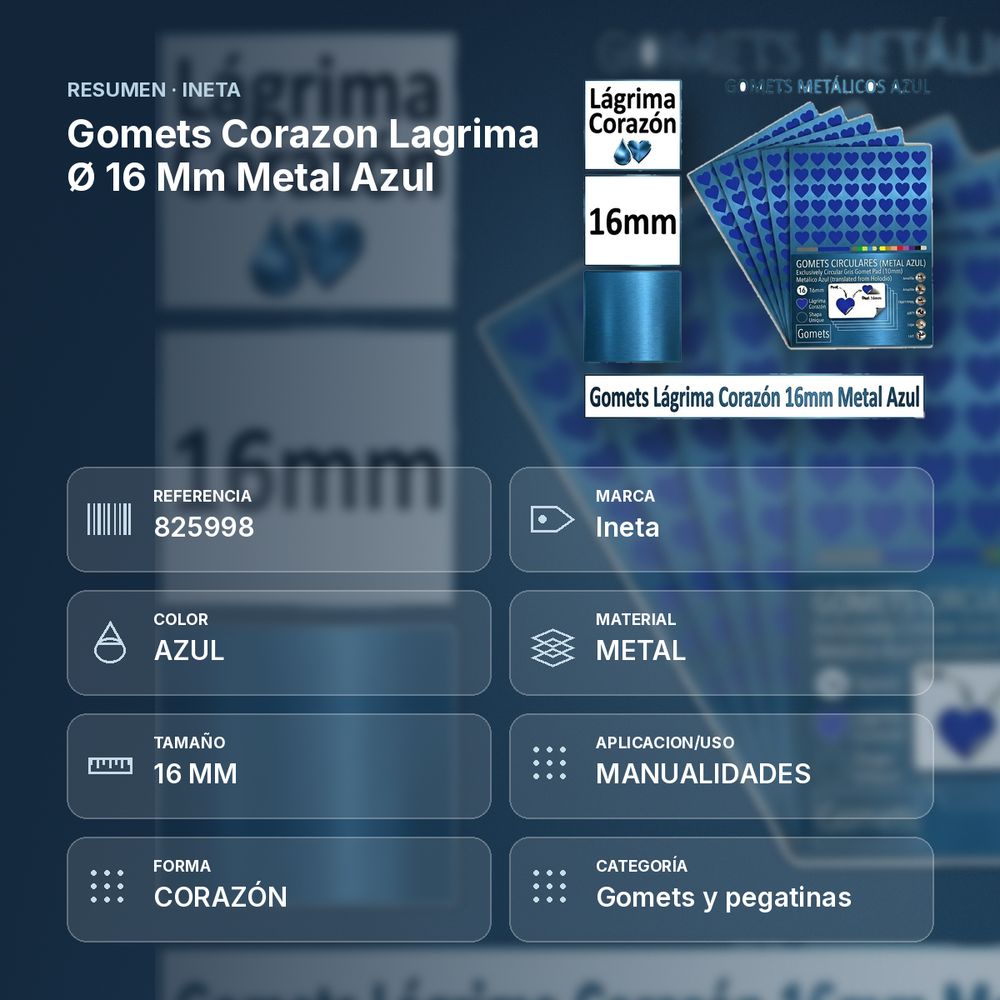 GOMETS CORAZON LAGRIMA Ø 16 MM METAL AZUL - resumen de atributos