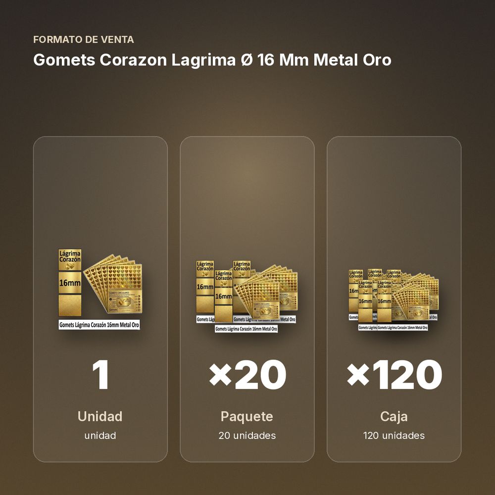 GOMETS CORAZON LAGRIMA Ø 16 MM METAL ORO - formato de venta: paquete de 20, caja de 120