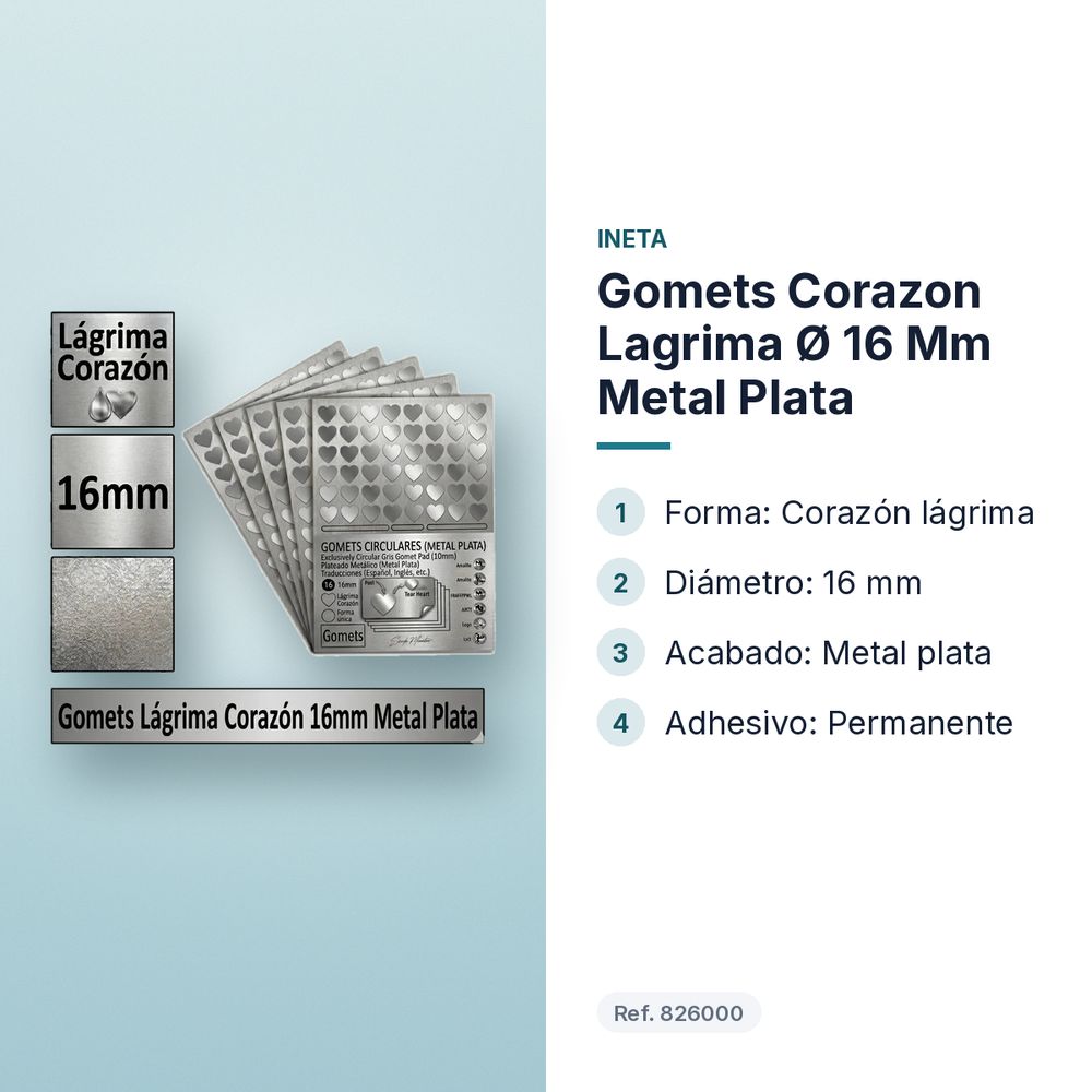 GOMETS CORAZON LAGRIMA Ø 16 MM METAL PLATA - características principales