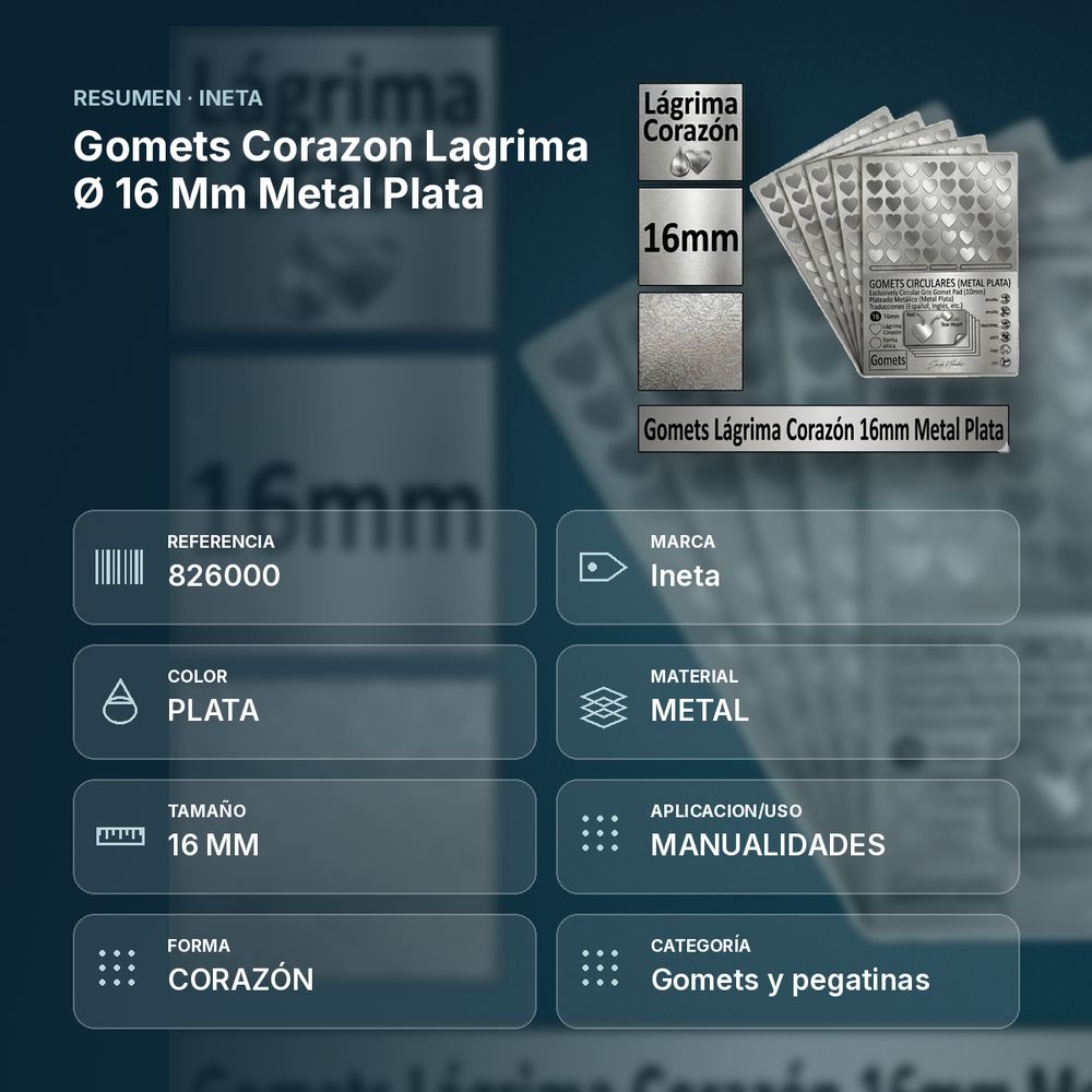 GOMETS CORAZON LAGRIMA Ø 16 MM METAL PLATA - resumen de atributos