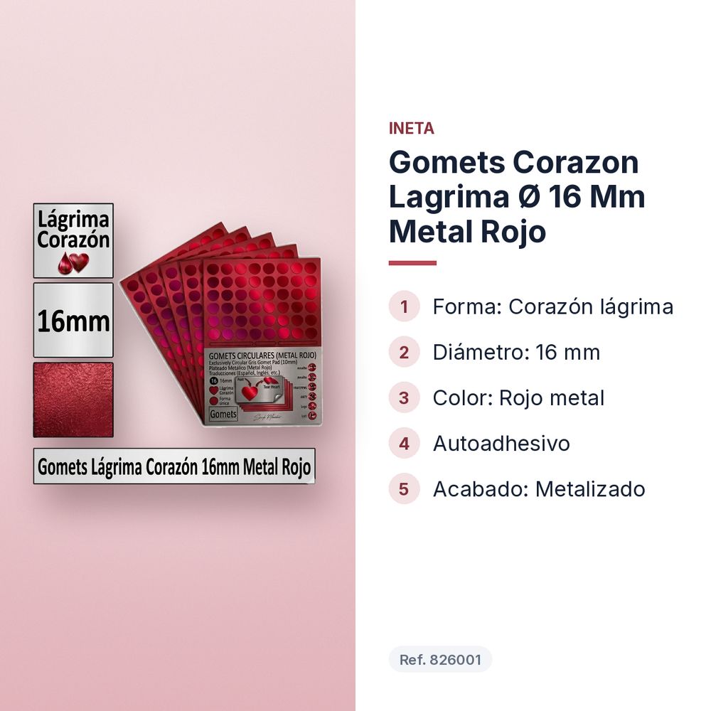 GOMETS CORAZON LAGRIMA Ø 16 MM METAL ROJO - características principales