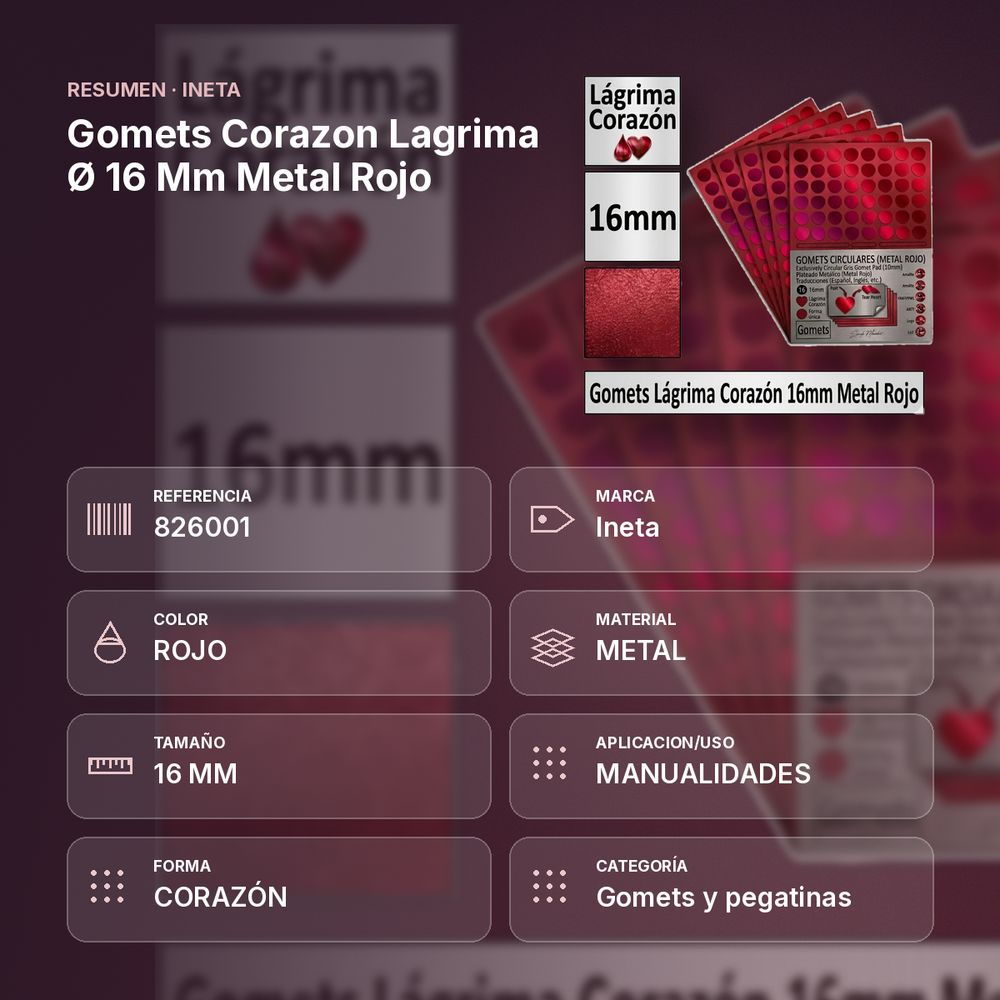 GOMETS CORAZON LAGRIMA Ø 16 MM METAL ROJO - resumen de atributos
