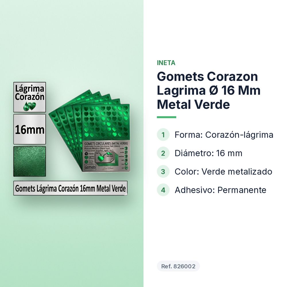 GOMETS CORAZON LAGRIMA Ø 16 MM METAL VERDE - características principales