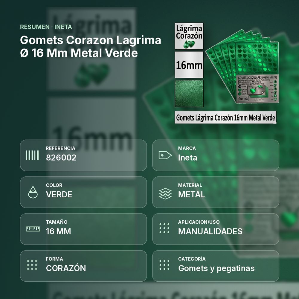 GOMETS CORAZON LAGRIMA Ø 16 MM METAL VERDE - resumen de atributos