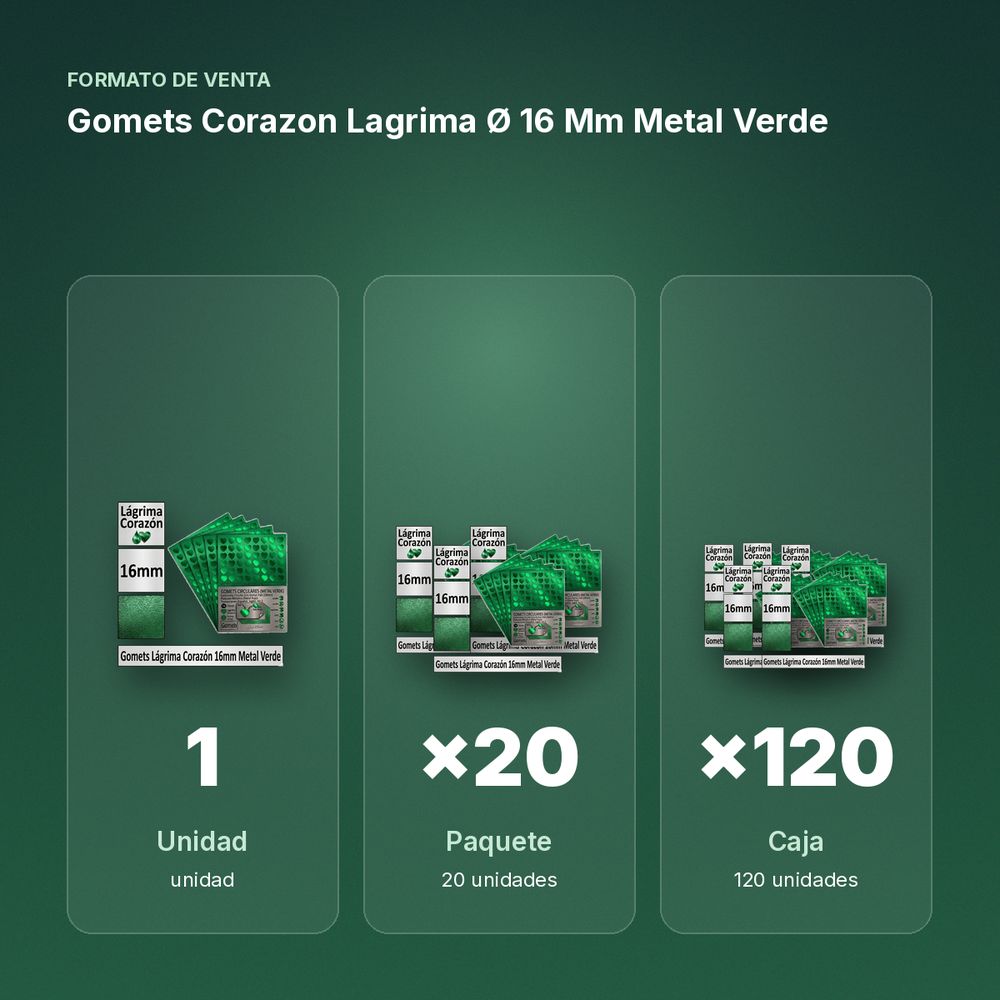 GOMETS CORAZON LAGRIMA Ø 16 MM METAL VERDE - formato de venta: paquete de 20, caja de 120