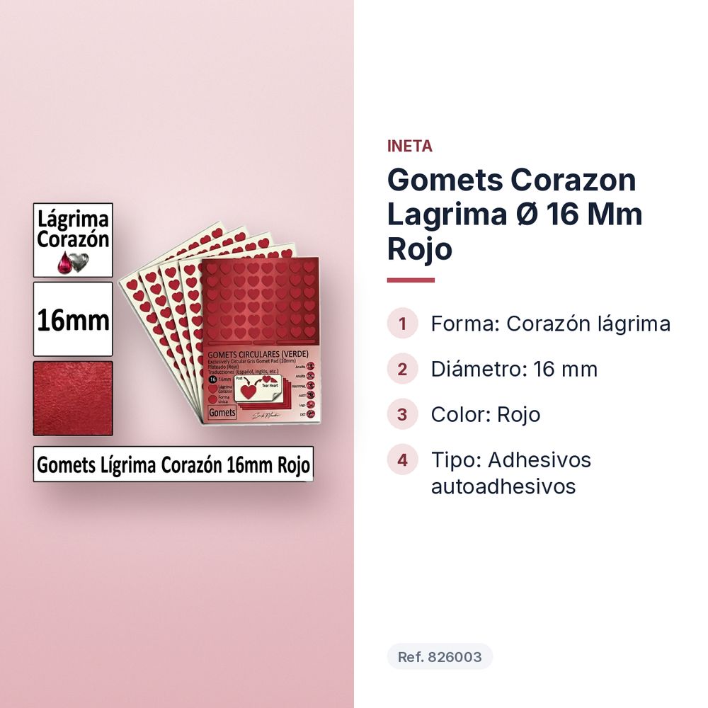 GOMETS CORAZON LAGRIMA Ø 16 MM ROJO - características principales