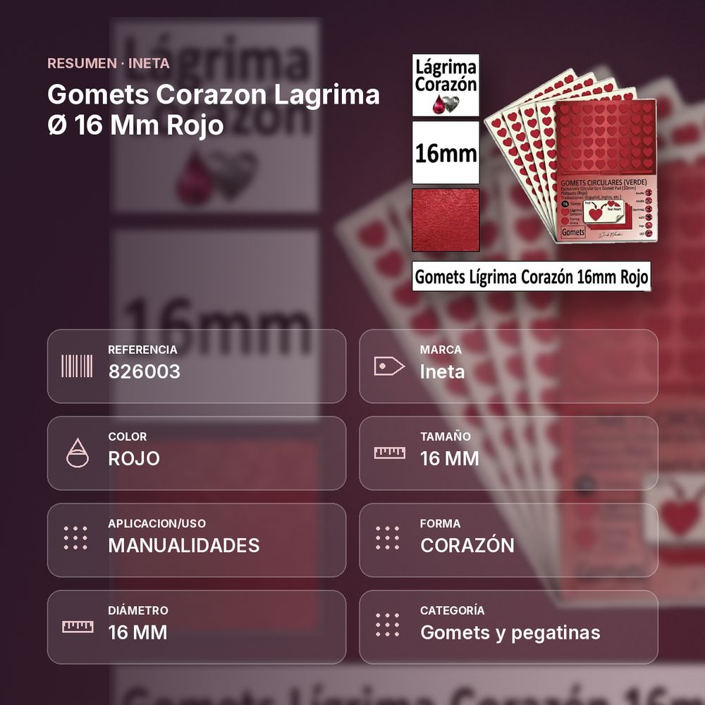 GOMETS CORAZON LAGRIMA Ø 16 MM ROJO - resumen de atributos