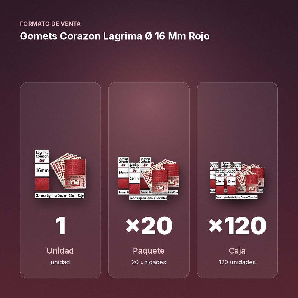 GOMETS CORAZON LAGRIMA Ø 16 MM ROJO - formato de venta: paquete de 20, caja de 120