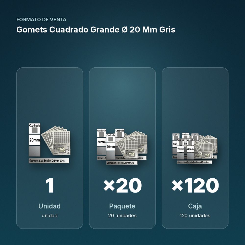 GOMETS CUADRADO GRANDE Ø 20 MM GRIS - formato de venta: paquete de 20, caja de 120