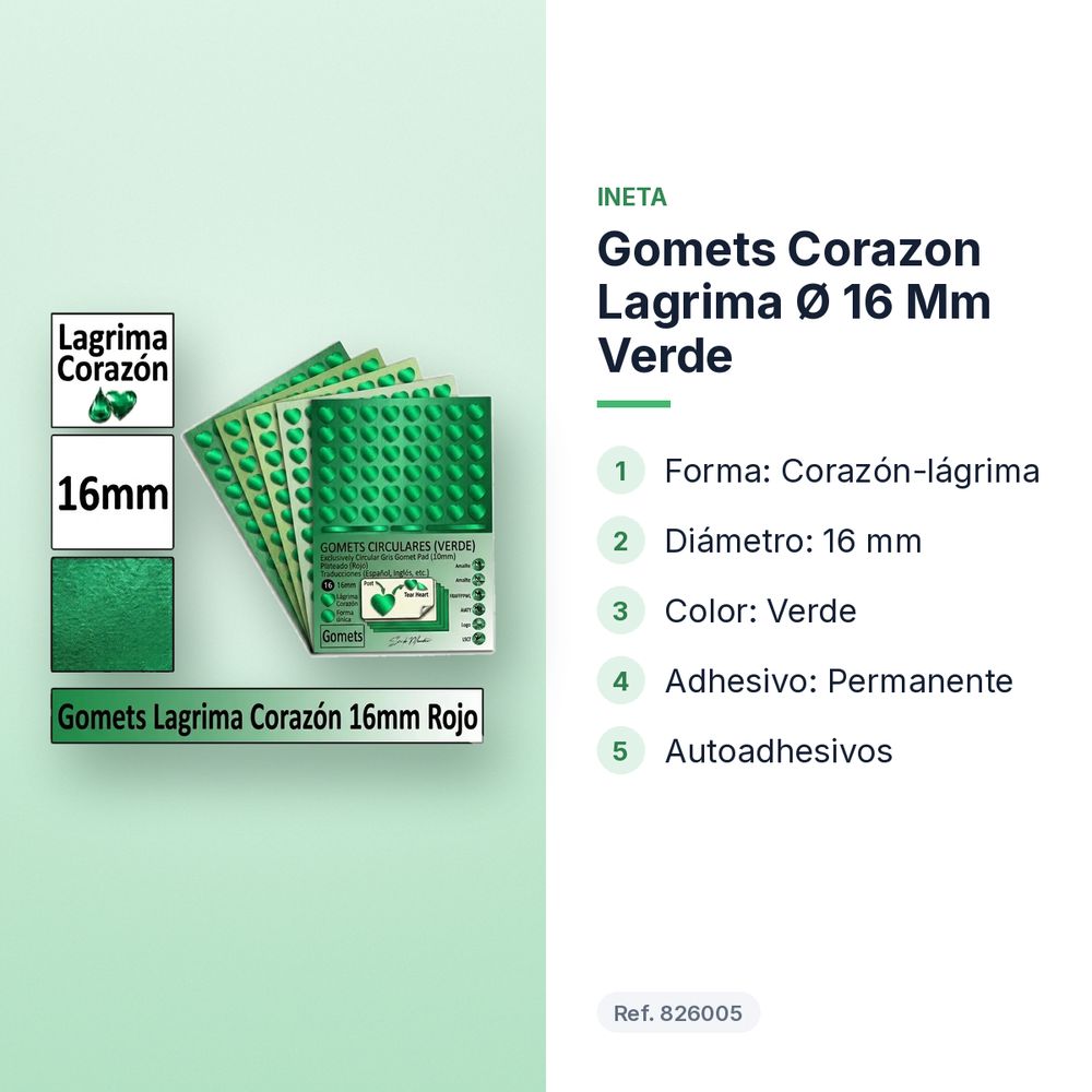 GOMETS CORAZON LAGRIMA Ø 16 MM VERDE - características principales