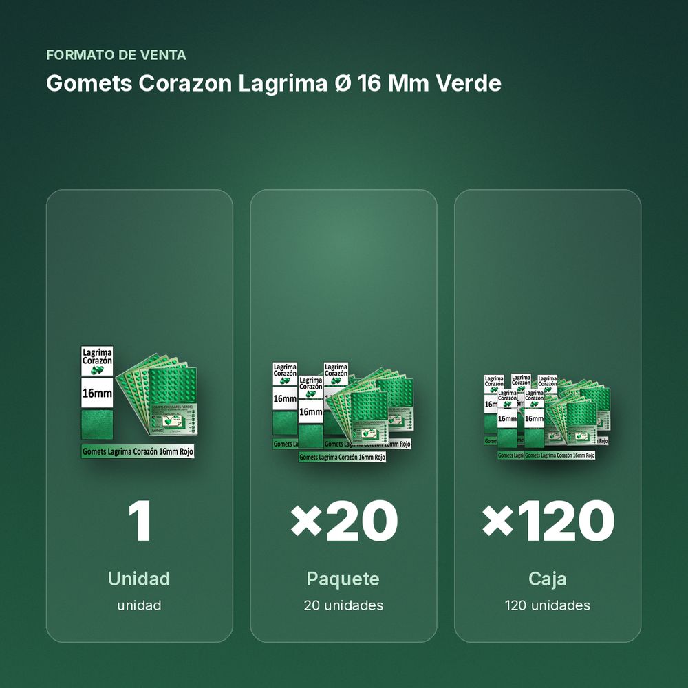 GOMETS CORAZON LAGRIMA Ø 16 MM VERDE - formato de venta: paquete de 20, caja de 120