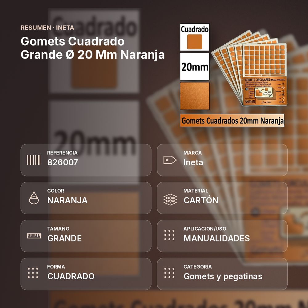 GOMETS CUADRADO GRANDE Ø 20 MM NARANJA - resumen de atributos