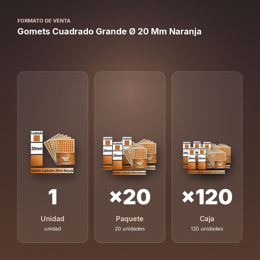 GOMETS CUADRADO GRANDE Ø 20 MM NARANJA - formato de venta: paquete de 20, caja de 120