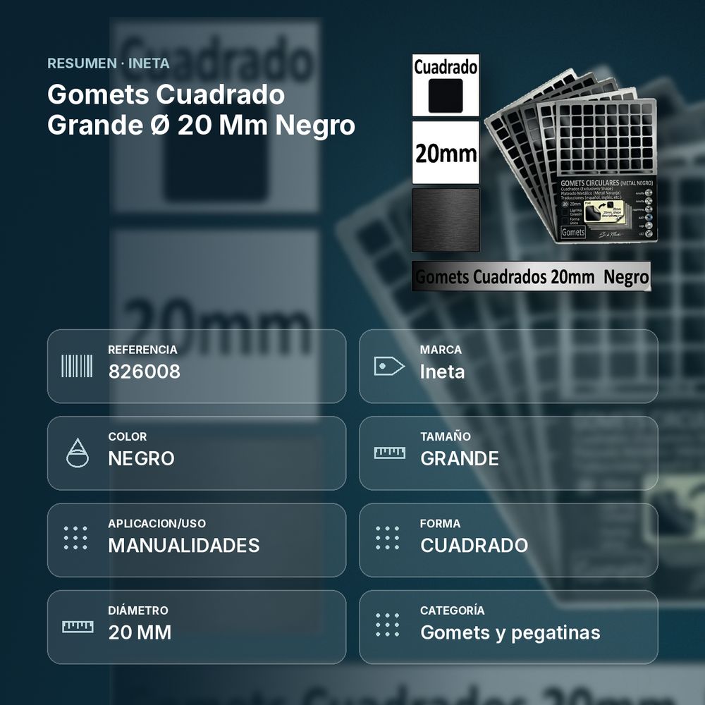 GOMETS CUADRADO GRANDE Ø 20 MM NEGRO - resumen de atributos