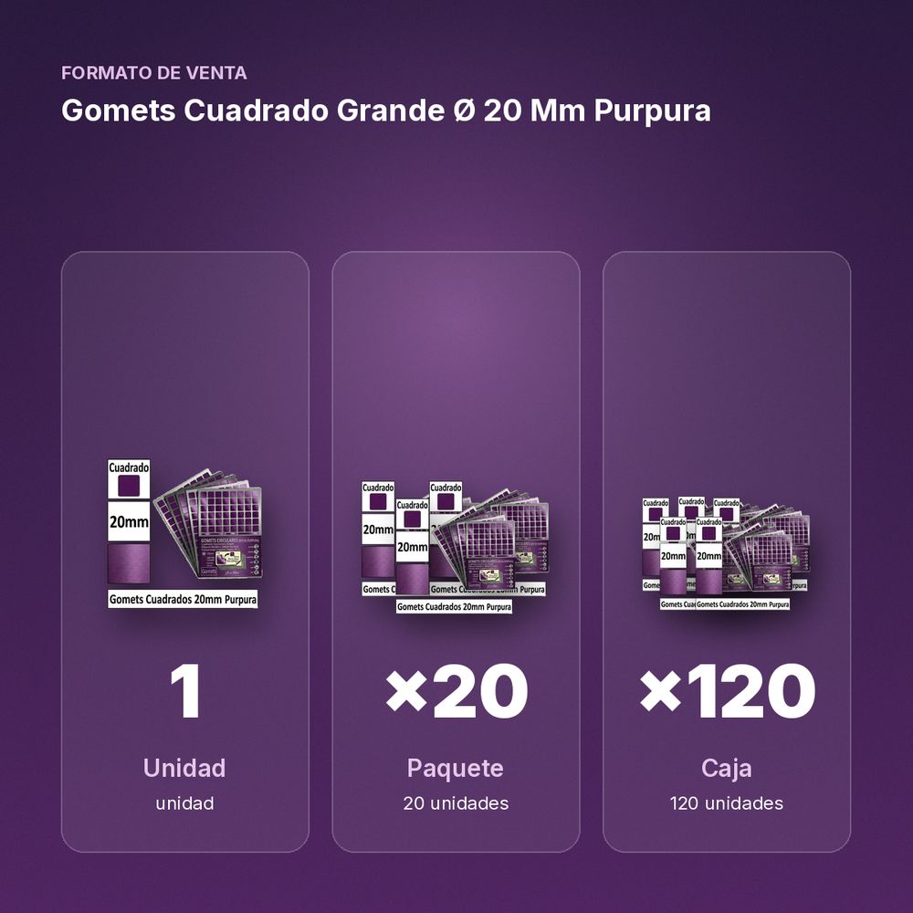 GOMETS CUADRADO GRANDE Ø 20 MM PURPURA - formato de venta: paquete de 20, caja de 120