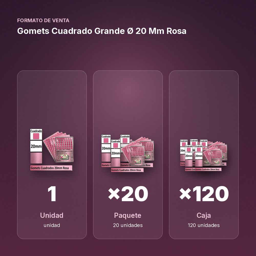 GOMETS CUADRADO GRANDE Ø 20 MM ROSA - formato de venta: paquete de 20, caja de 120