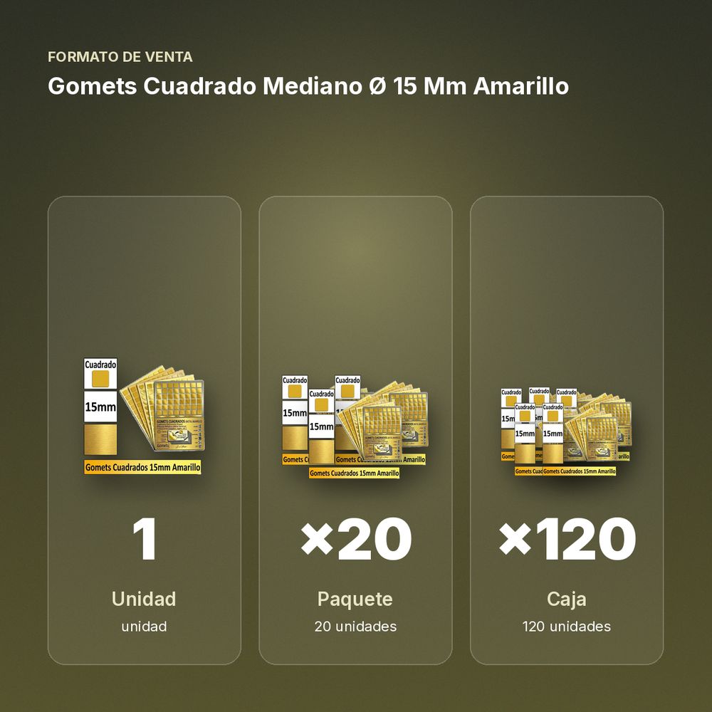 GOMETS CUADRADO MEDIANO Ø 15 MM AMARILLO - formato de venta: paquete de 20, caja de 120