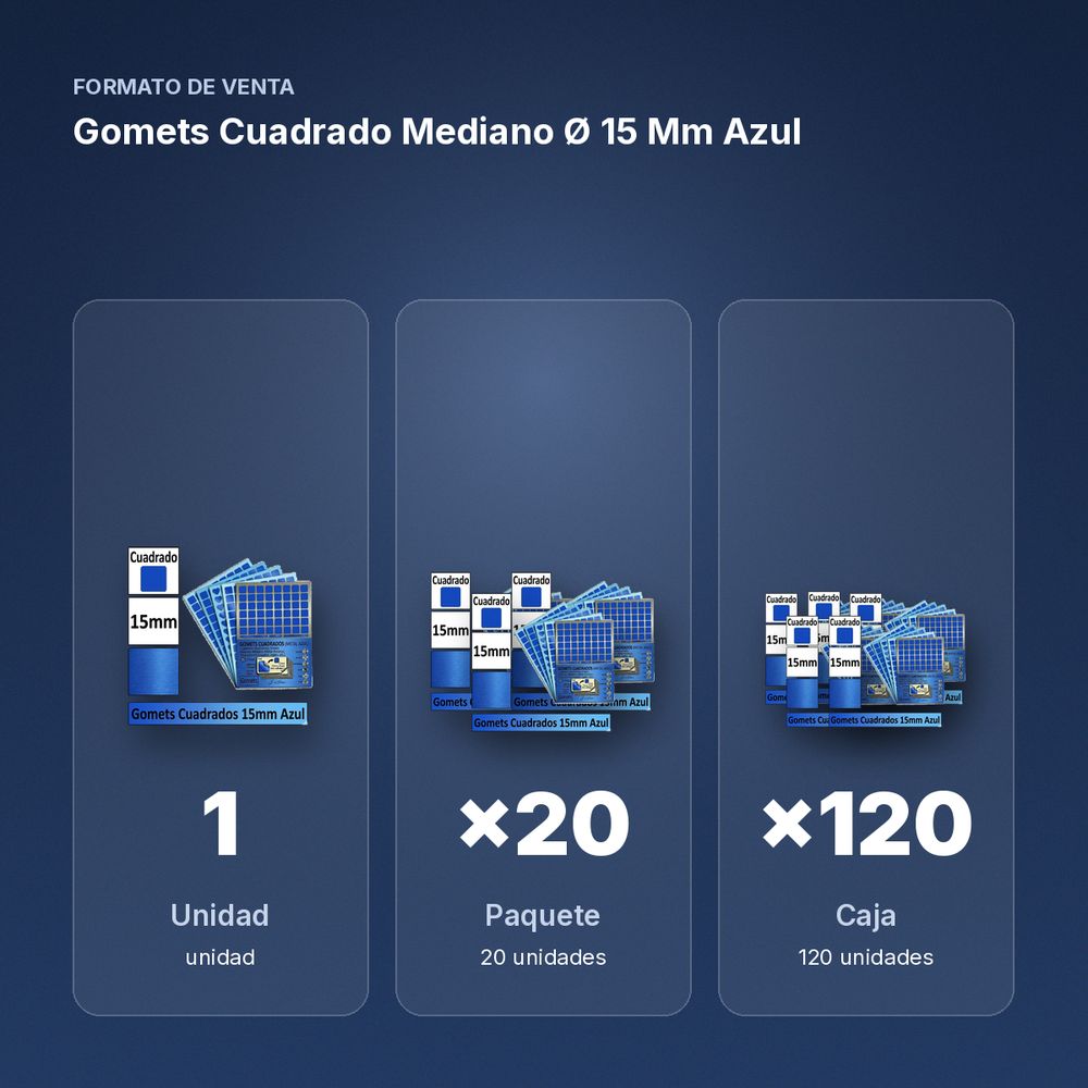 GOMETS CUADRADO MEDIANO Ø 15 MM AZUL - formato de venta: paquete de 20, caja de 120