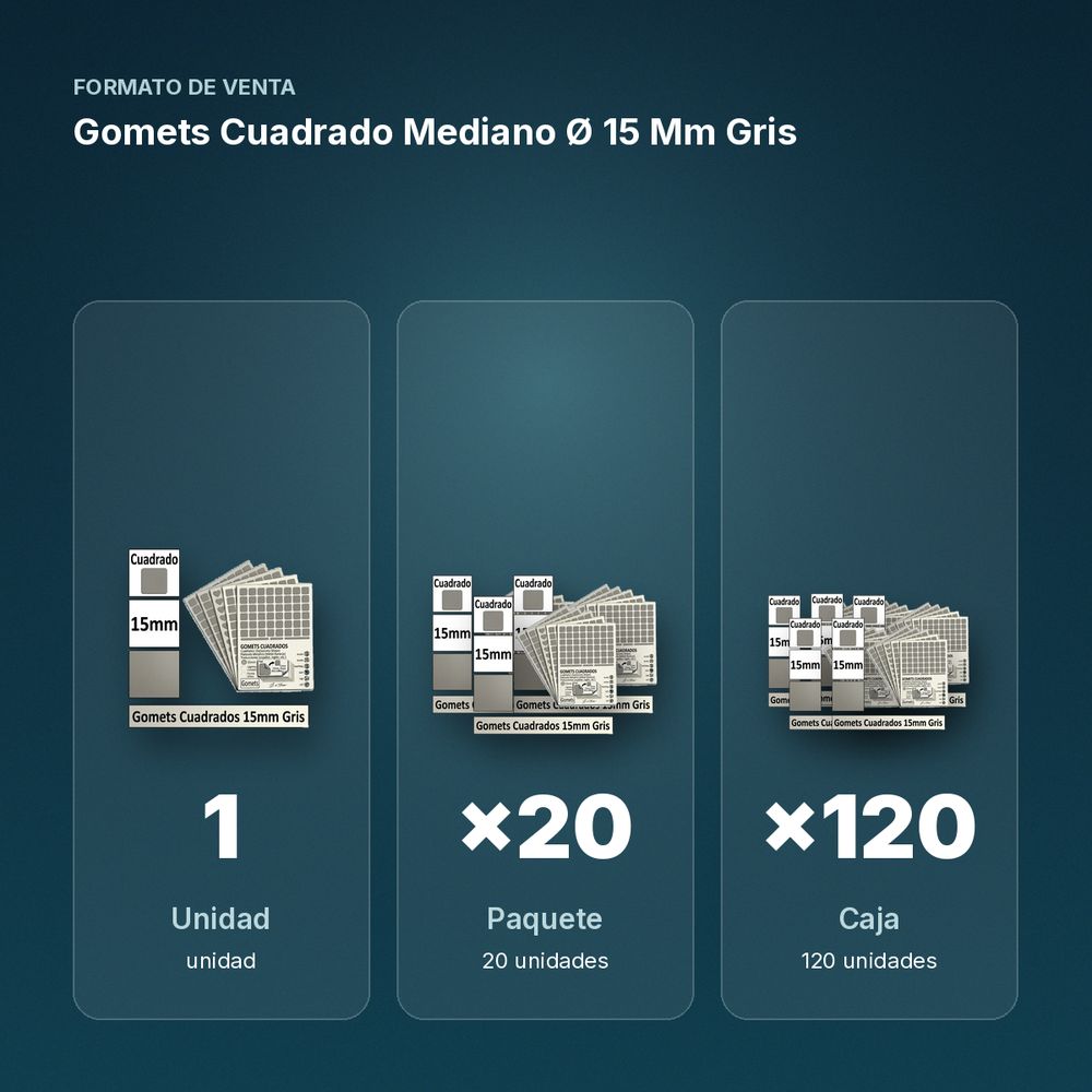 GOMETS CUADRADO MEDIANO Ø 15 MM GRIS - formato de venta: paquete de 20, caja de 120