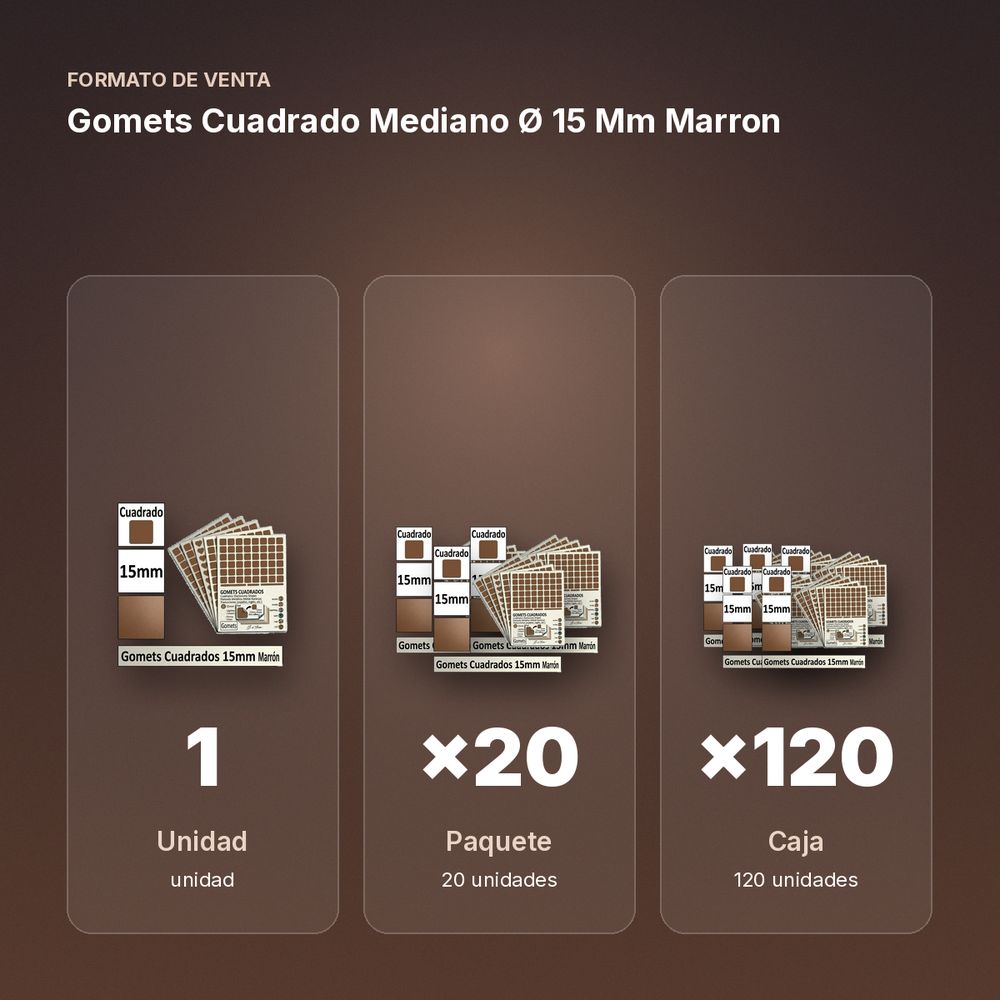 GOMETS CUADRADO MEDIANO Ø 15 MM MARRON - formato de venta: paquete de 20, caja de 120