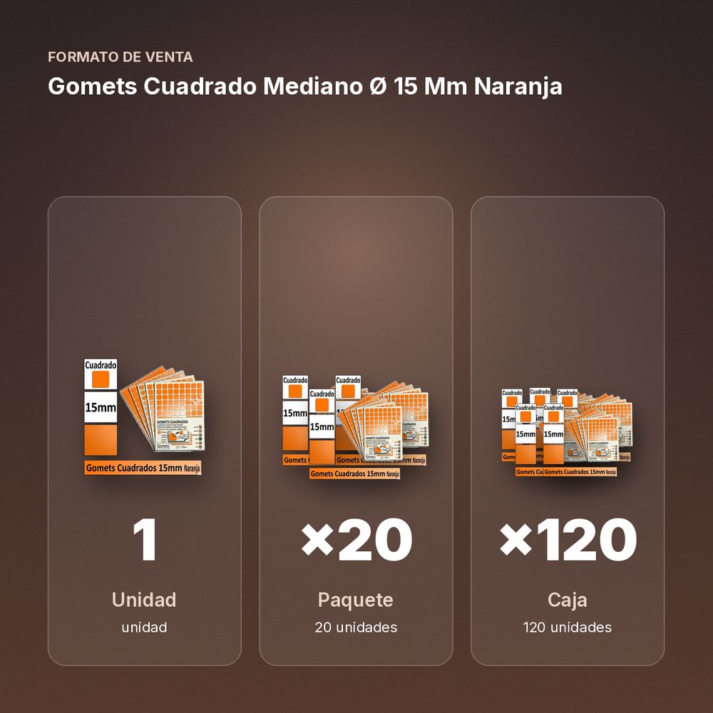 GOMETS CUADRADO MEDIANO Ø 15 MM NARANJA - formato de venta: paquete de 20, caja de 120