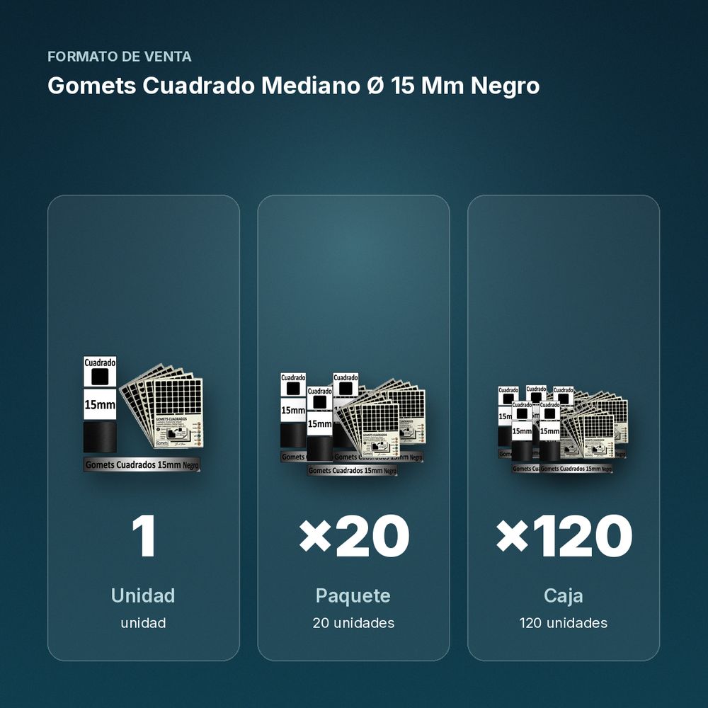GOMETS CUADRADO MEDIANO Ø 15 MM NEGRO - formato de venta: paquete de 20, caja de 120