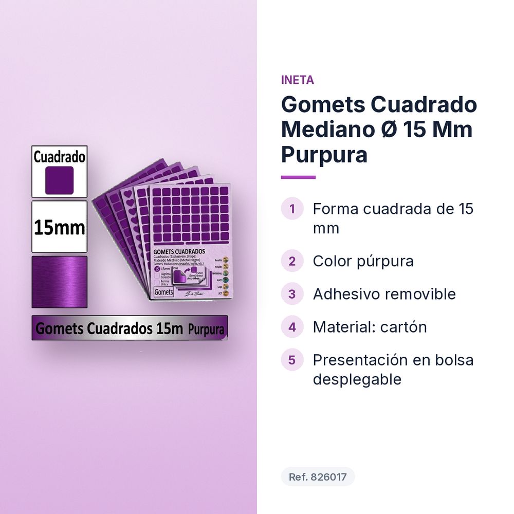 GOMETS CUADRADO MEDIANO Ø 15 MM PURPURA - características principales