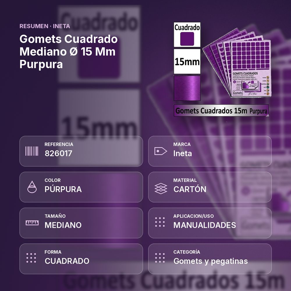 GOMETS CUADRADO MEDIANO Ø 15 MM PURPURA - resumen de atributos