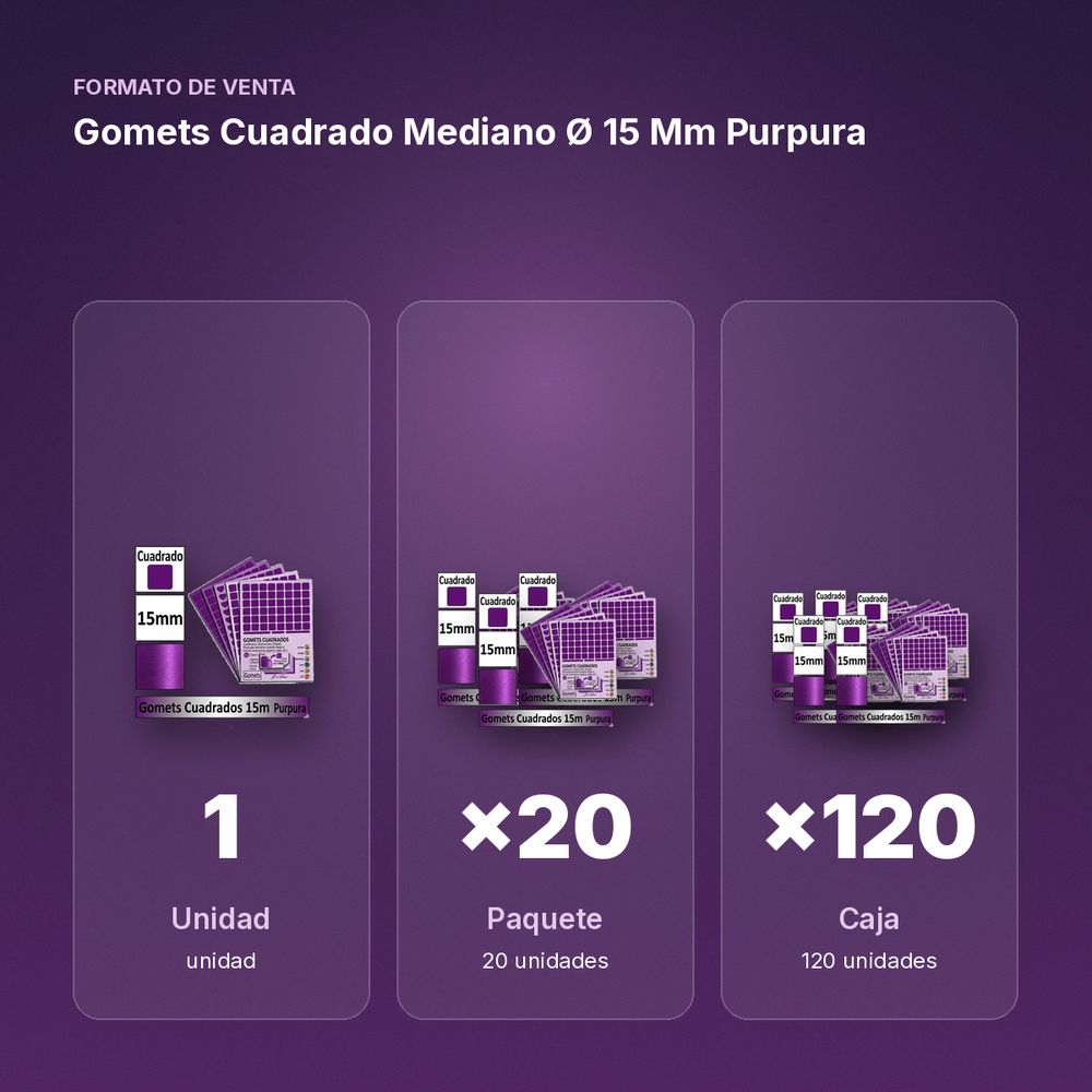GOMETS CUADRADO MEDIANO Ø 15 MM PURPURA - formato de venta: paquete de 20, caja de 120