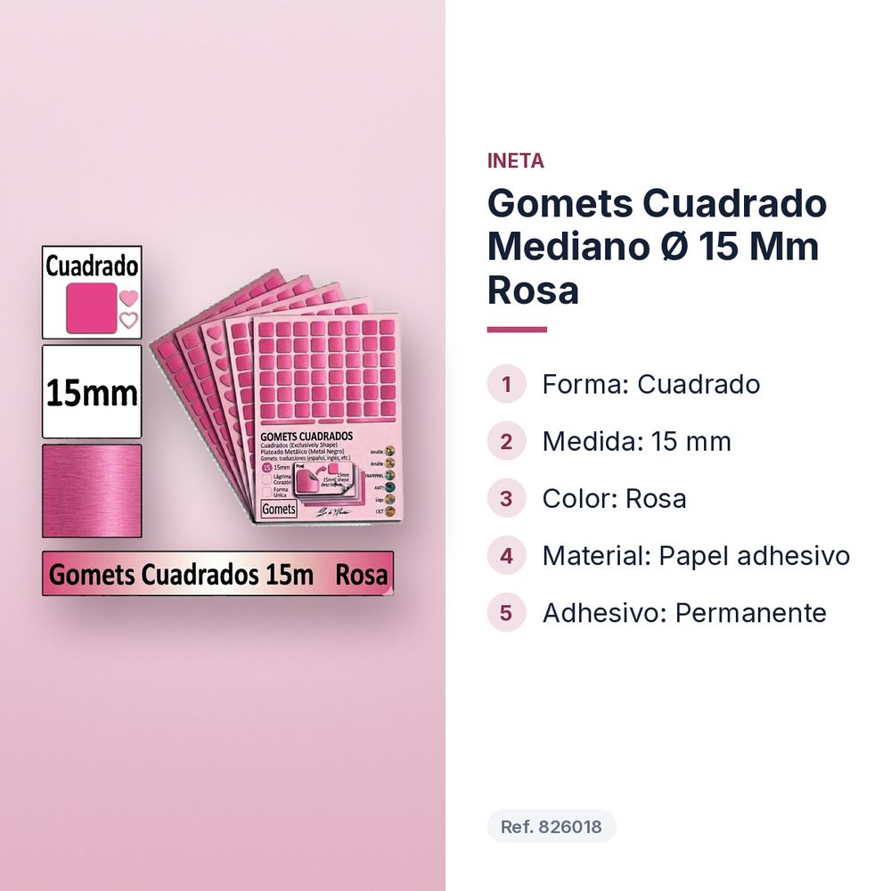 GOMETS CUADRADO MEDIANO Ø 15 MM ROSA - características principales