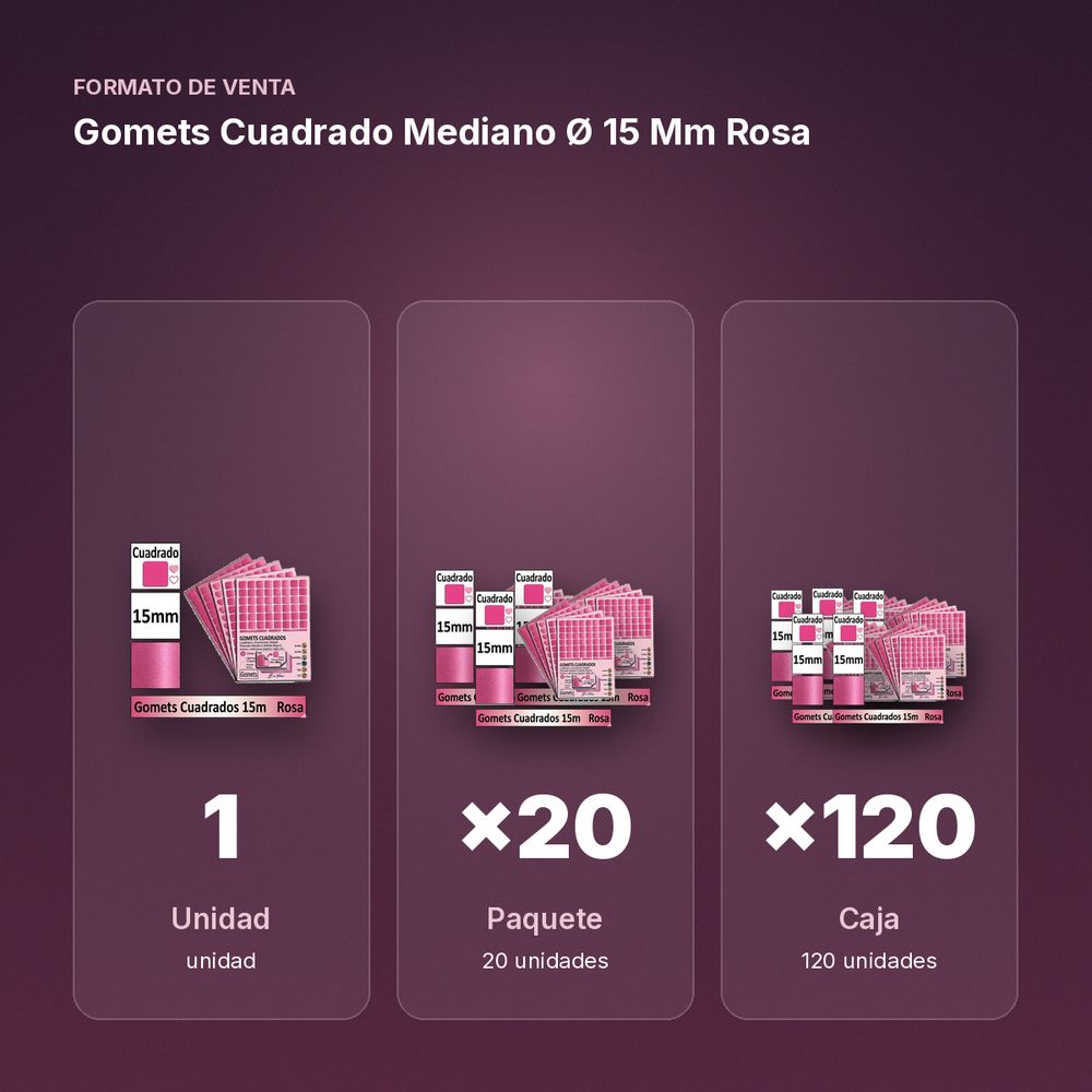 GOMETS CUADRADO MEDIANO Ø 15 MM ROSA - formato de venta: paquete de 20, caja de 120
