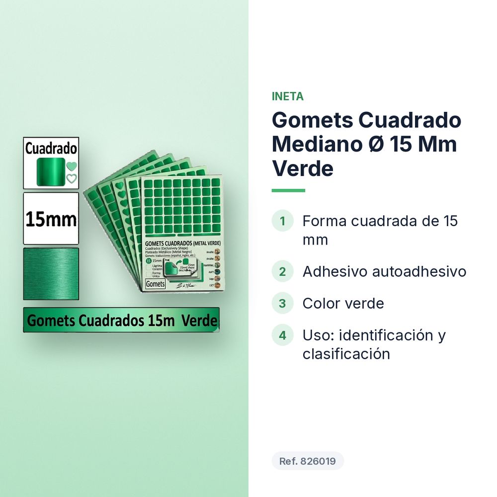 GOMETS CUADRADO MEDIANO Ø 15 MM VERDE - características principales