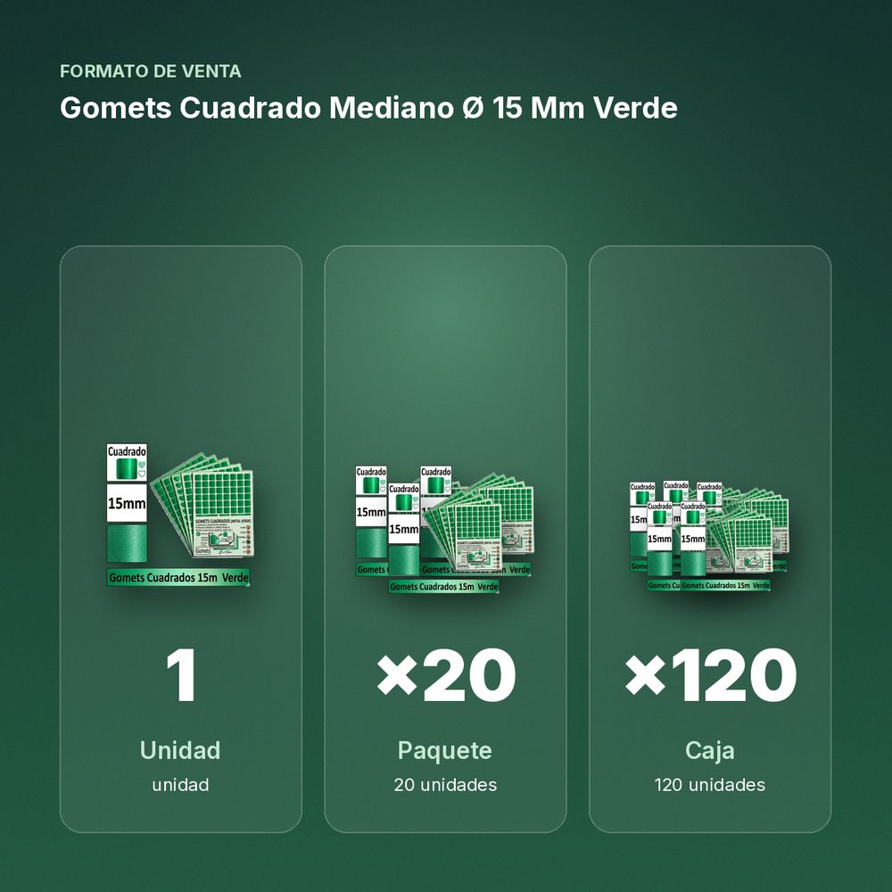 GOMETS CUADRADO MEDIANO Ø 15 MM VERDE - formato de venta: paquete de 20, caja de 120