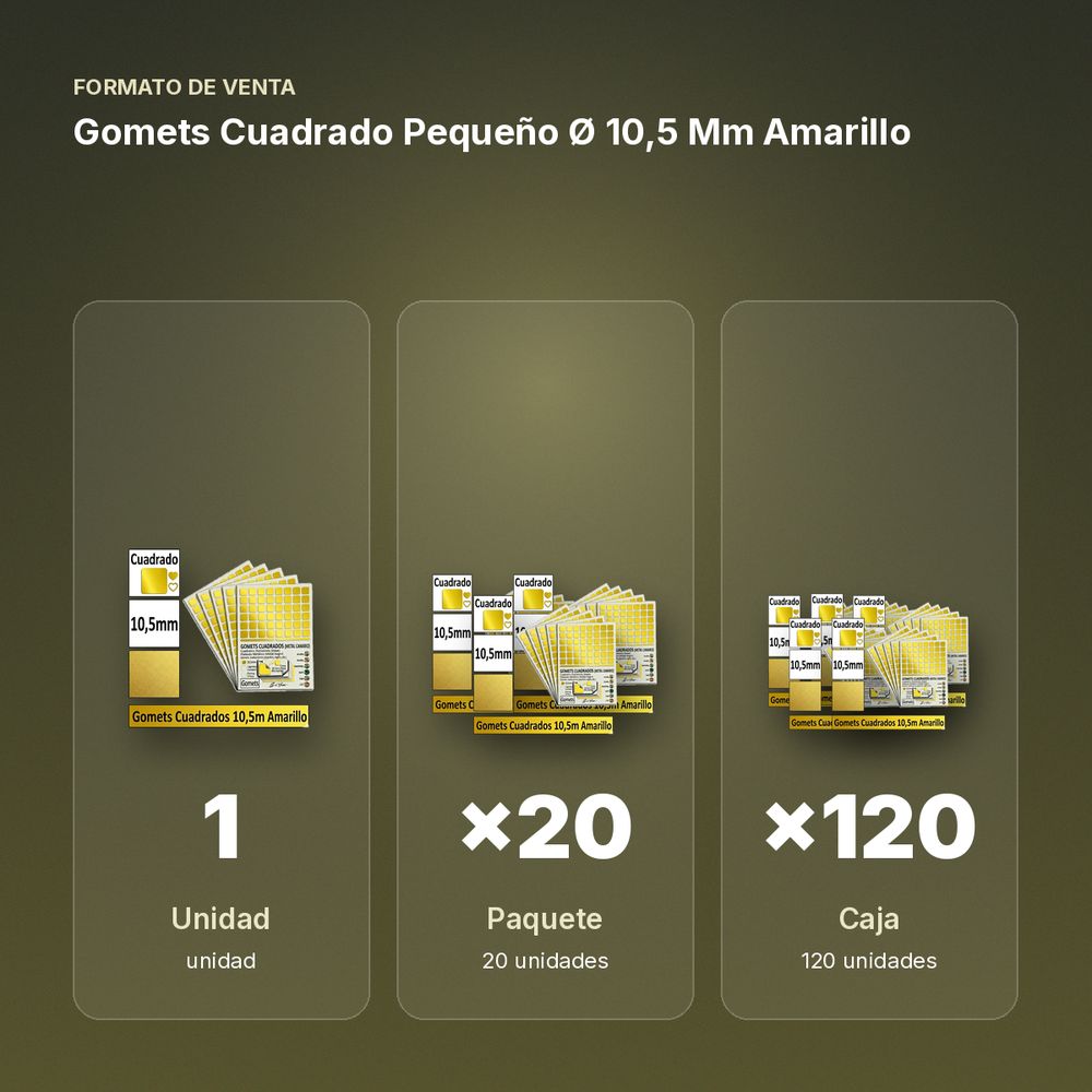 GOMETS CUADRADO PEQUEÑO Ø 10,5 MM AMARILLO - formato de venta: paquete de 20, caja de 120