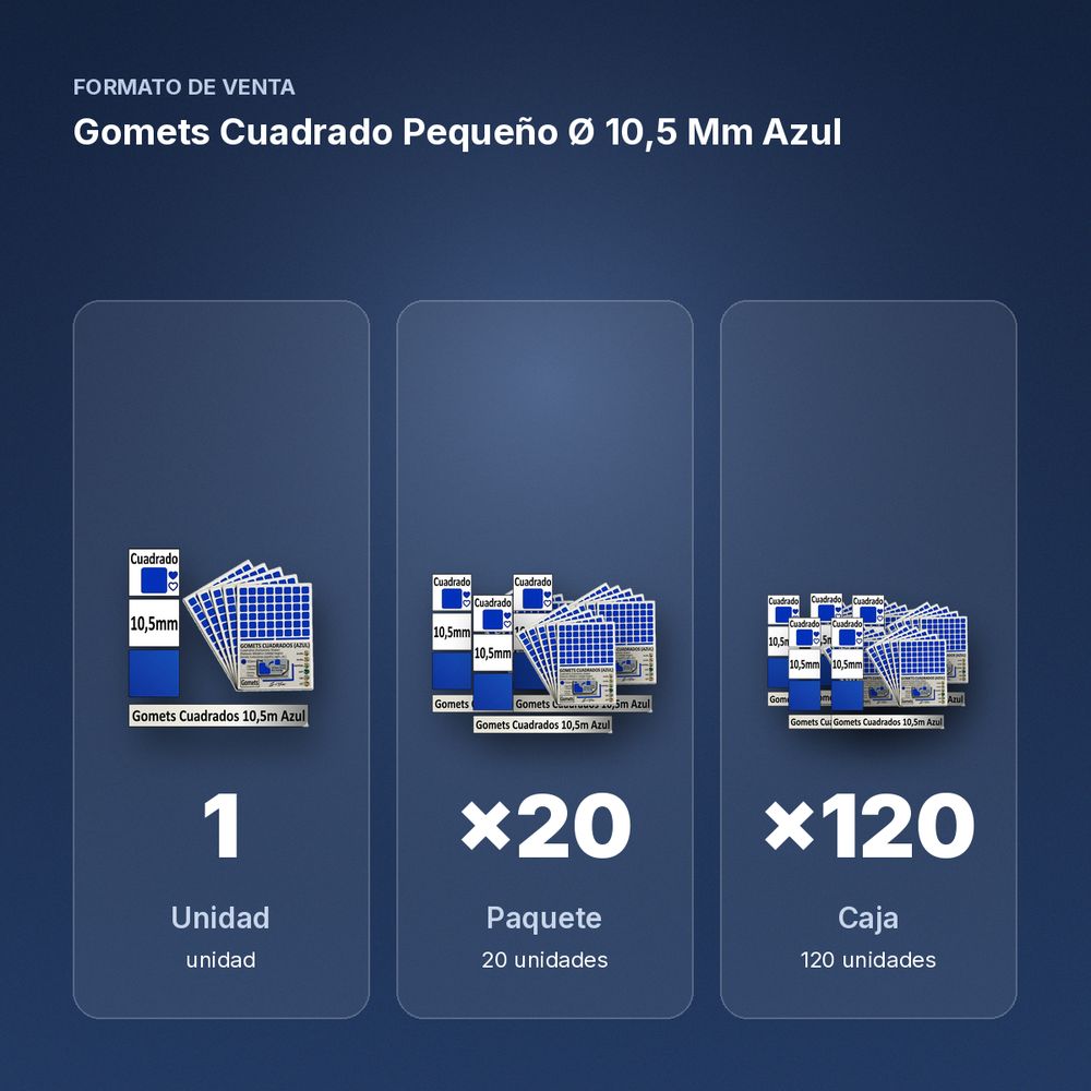 GOMETS CUADRADO PEQUEÑO Ø 10,5 MM AZUL - formato de venta: paquete de 20, caja de 120