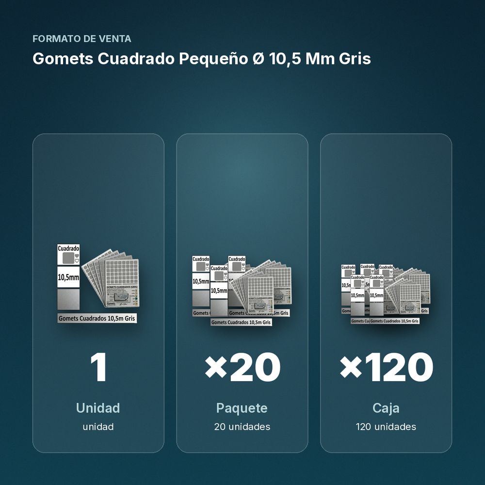 GOMETS CUADRADO PEQUEÑO Ø 10,5 MM GRIS - formato de venta: paquete de 20, caja de 120