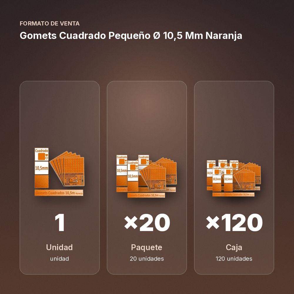 GOMETS CUADRADO PEQUEÑO Ø 10,5 MM NARANJA - formato de venta: paquete de 20, caja de 120