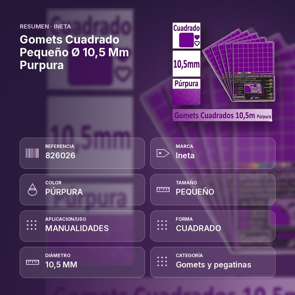 GOMETS CUADRADO PEQUEÑO Ø 10,5 MM PURPURA - resumen de atributos