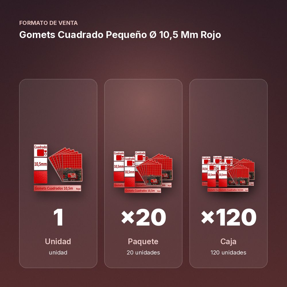 GOMETS CUADRADO PEQUEÑO Ø 10,5 MM ROJO - formato de venta: paquete de 20, caja de 120