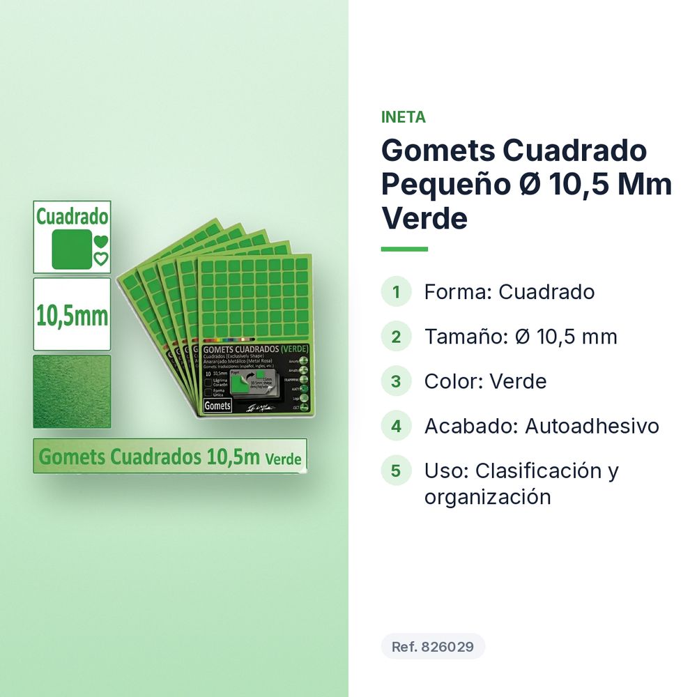 GOMETS CUADRADO PEQUEÑO Ø 10,5 MM VERDE - características principales