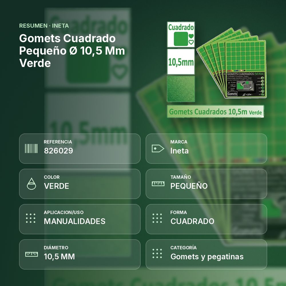 GOMETS CUADRADO PEQUEÑO Ø 10,5 MM VERDE - resumen de atributos