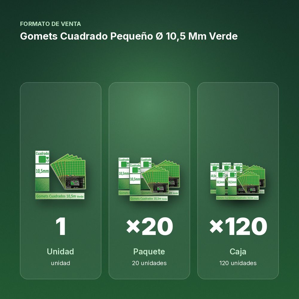 GOMETS CUADRADO PEQUEÑO Ø 10,5 MM VERDE - formato de venta: paquete de 20, caja de 120