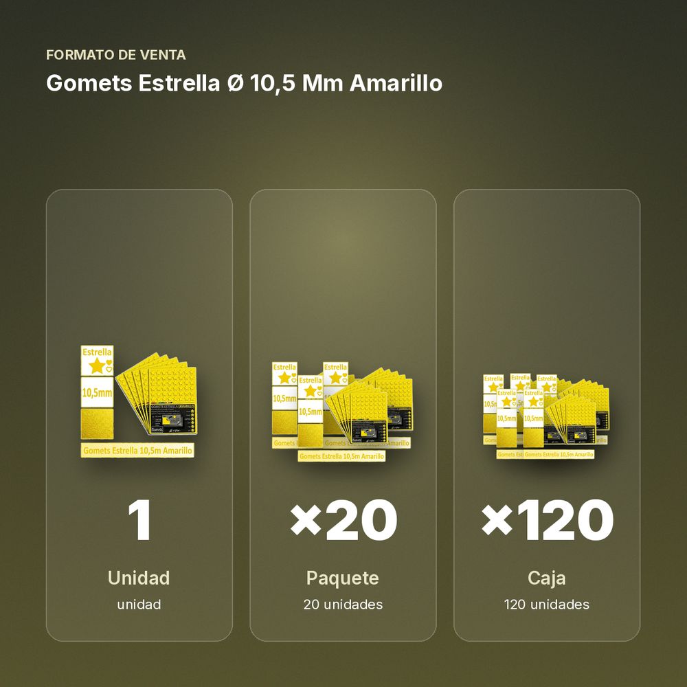 GOMETS ESTRELLA Ø 10,5 MM AMARILLO - formato de venta: paquete de 20, caja de 120