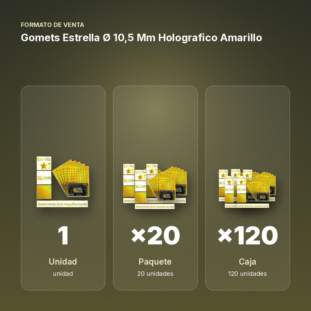 GOMETS ESTRELLA Ø 10,5 MM HOLOGRAFICO AMARILLO - formato de venta: paquete de 20, caja de 120