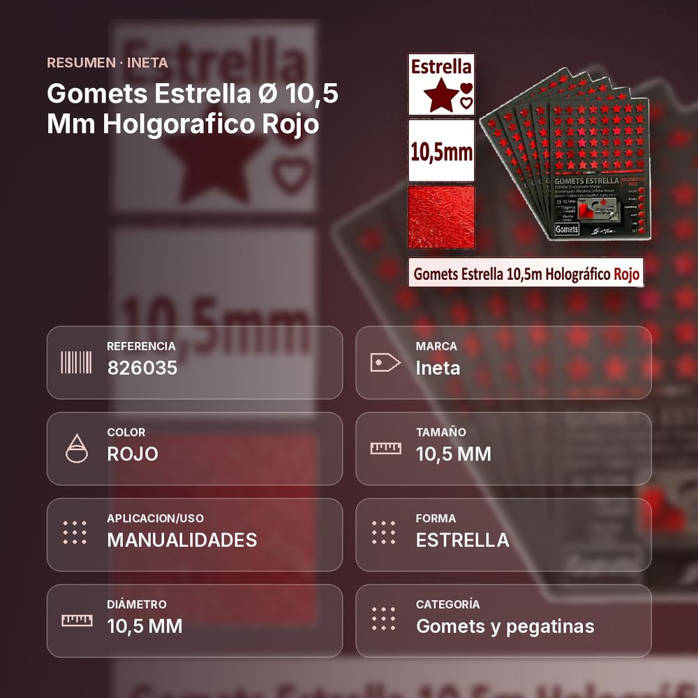GOMETS ESTRELLA Ø 10,5 MM HOLGORAFICO ROJO - resumen de atributos