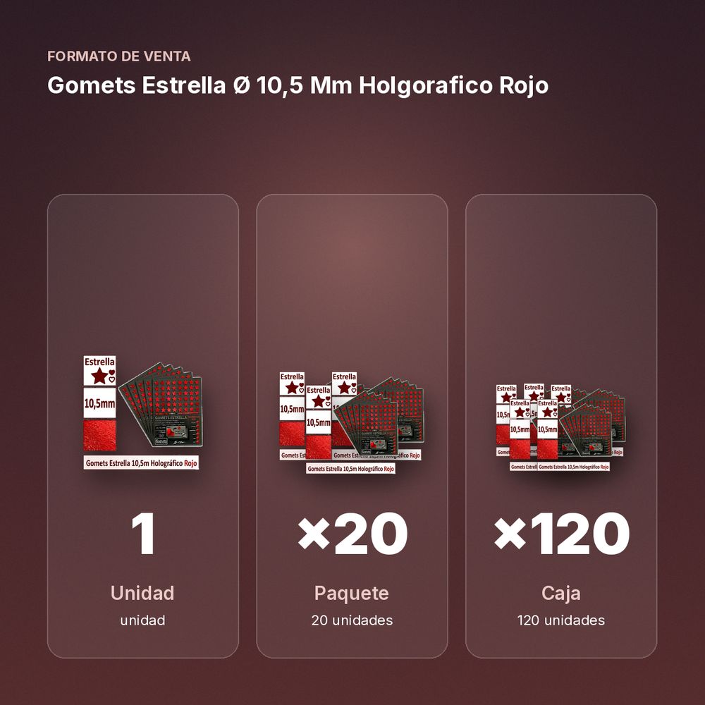 GOMETS ESTRELLA Ø 10,5 MM HOLGORAFICO ROJO - formato de venta: paquete de 20, caja de 120