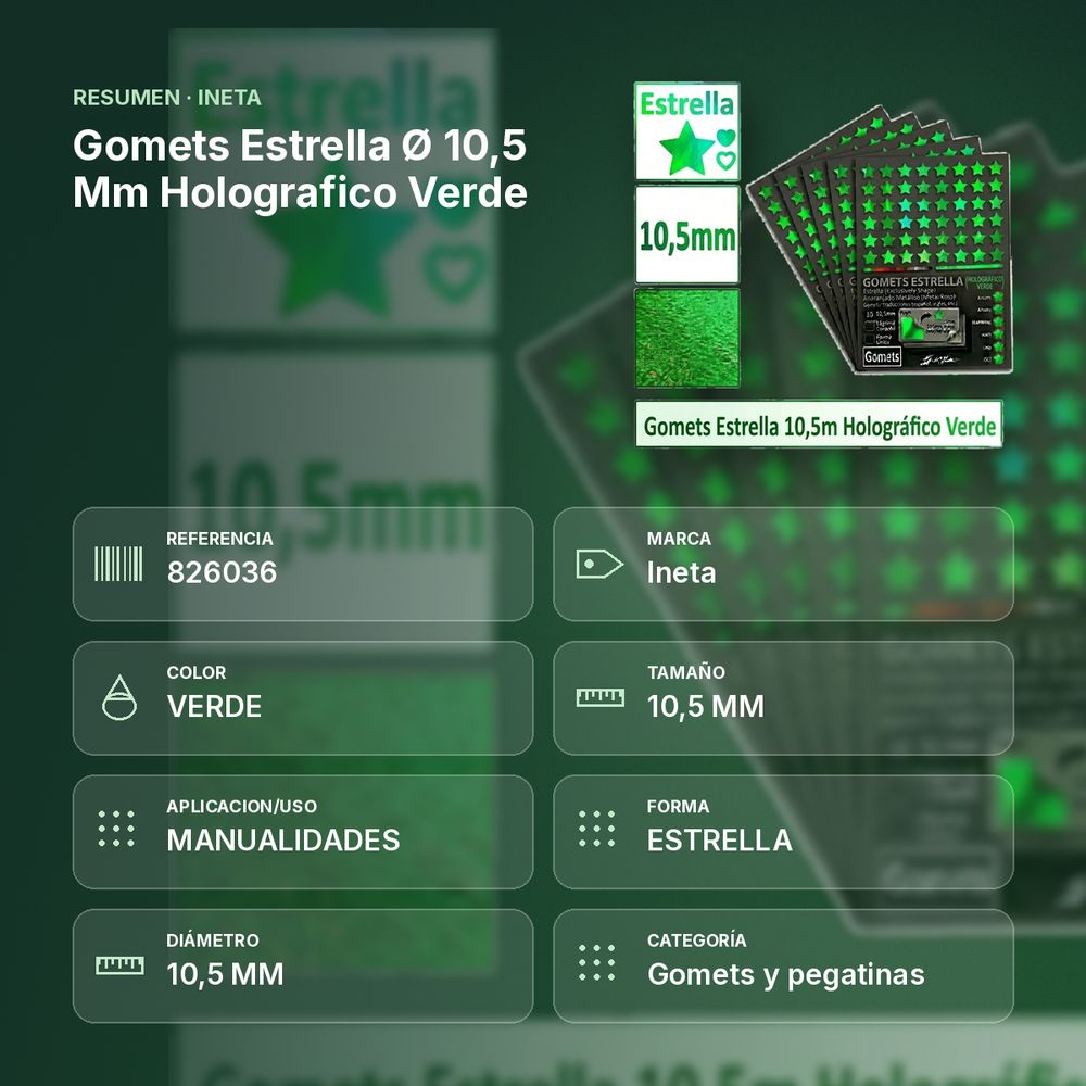 GOMETS ESTRELLA Ø 10,5 MM HOLOGRAFICO VERDE - resumen de atributos